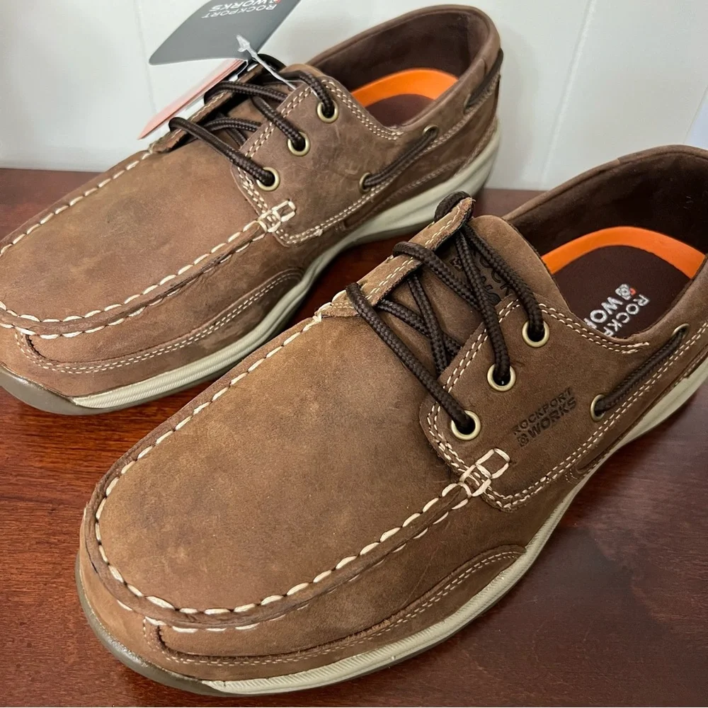 Rockport Works Sailing Club Men's Brown leather Three Eye Tie Boat Shoe - RK6736